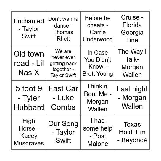 Country Pop Songs Bingo Card