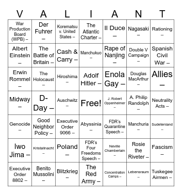 WWII Vocabulary Bingo Card
