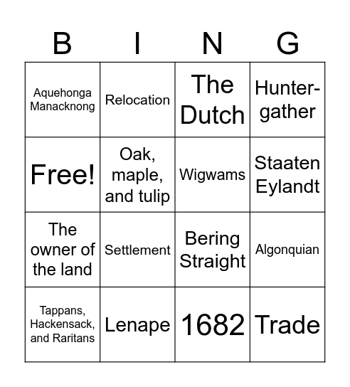 Lenape Bingo Card