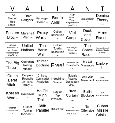 Cold War Vocabulary Bingo Card