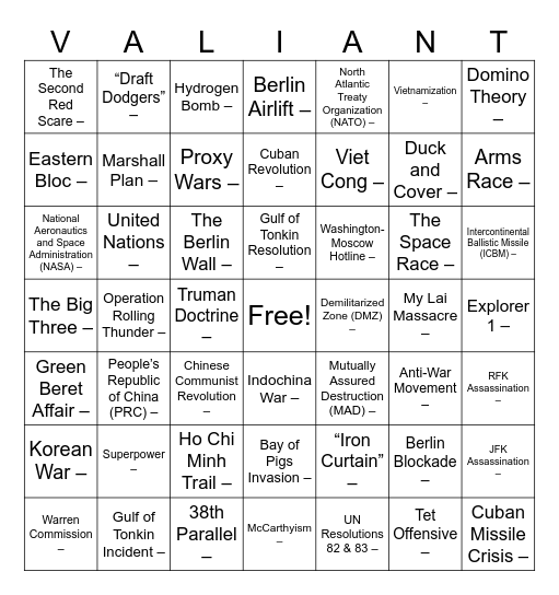 Cold War Vocabulary Bingo Card