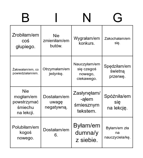 Bingo podsumowujące rok szkolny Bingo Card