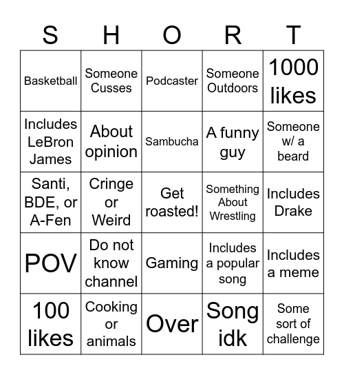 YT Shorts Bingo Card
