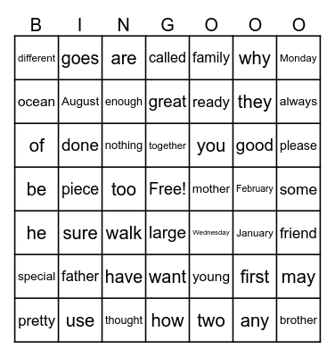 Trick Word Bingo Card