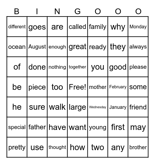 Trick Word Bingo Card