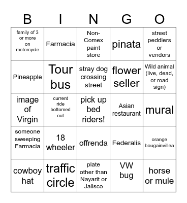 Mexico Road Trip Bingo Card