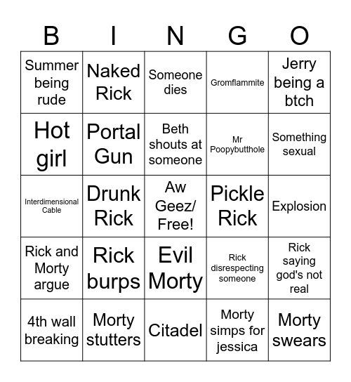 Rick and Morty Bingo Card