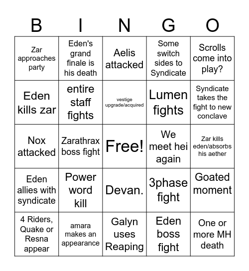 Level 20 Arc Bingo Card