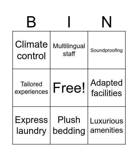 Hotel amenities Bingo Card