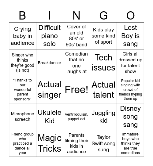 School Talent Show Bingo Card