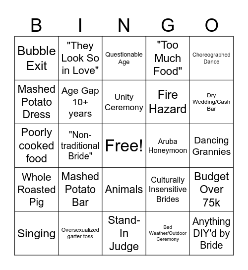 Four Weddings Bingo Card
