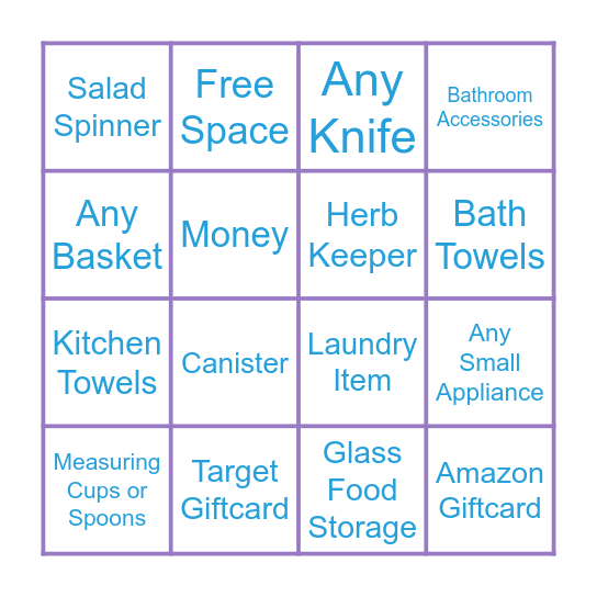 Devan's Bridal Shower Bingo Card