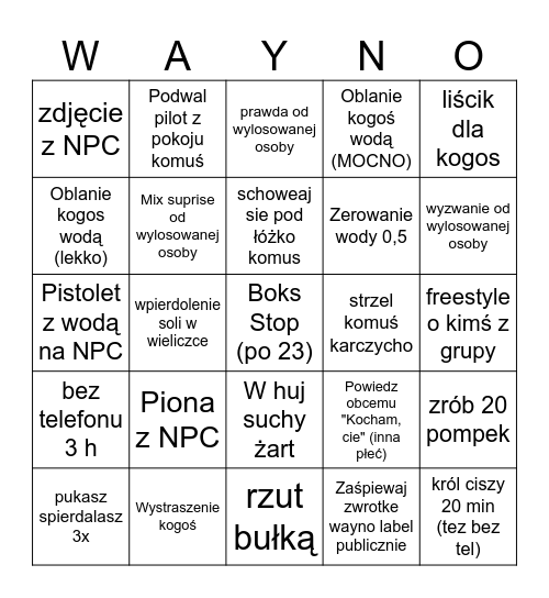 Bingo wayno 3 dniowa Bingo Card