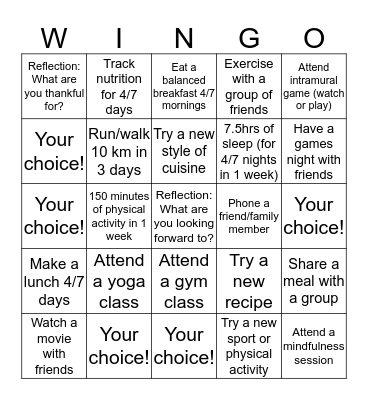 WEllNESS BINGO Card