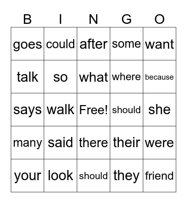 UFLI Heart Words Bingo Card
