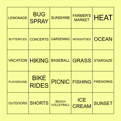 Sunny Days Bingo Card