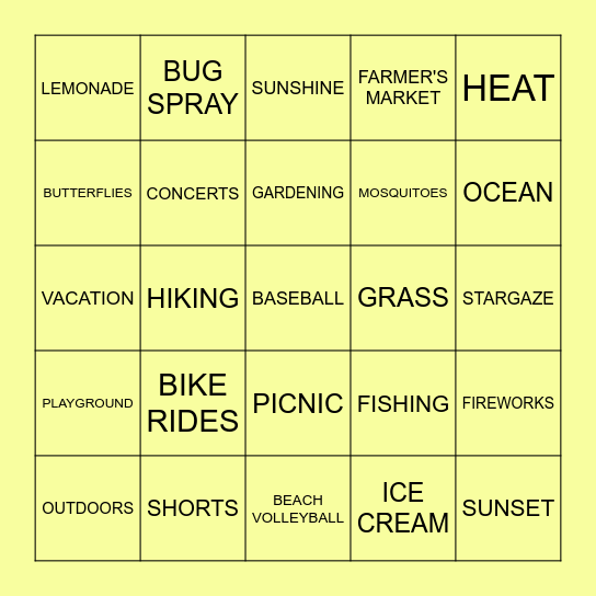 Sunny Days Bingo Card