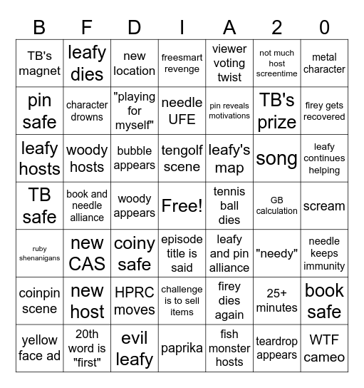 BFDIA 20 bingo Card