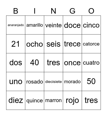 Los colores y los números Bingo Card