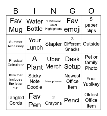 Uber Scavenger Hunt Bingo Card