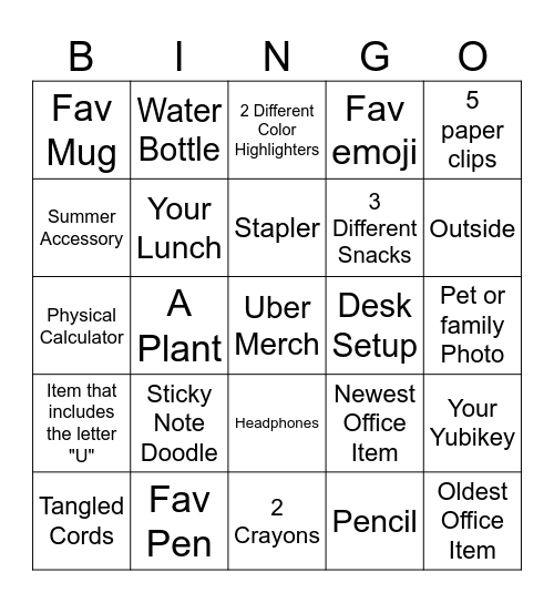 Uber Scavenger Hunt Bingo Card