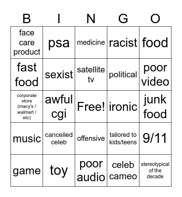 poorly aged commercials Bingo Card