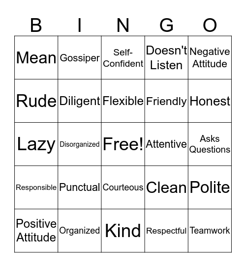 Workplace Behavior Bingo Card