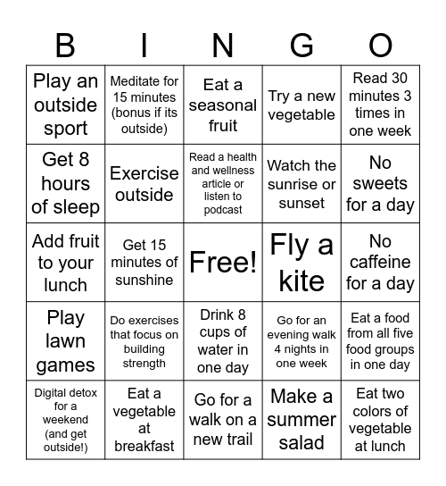 Summer Wellness Bingo Card