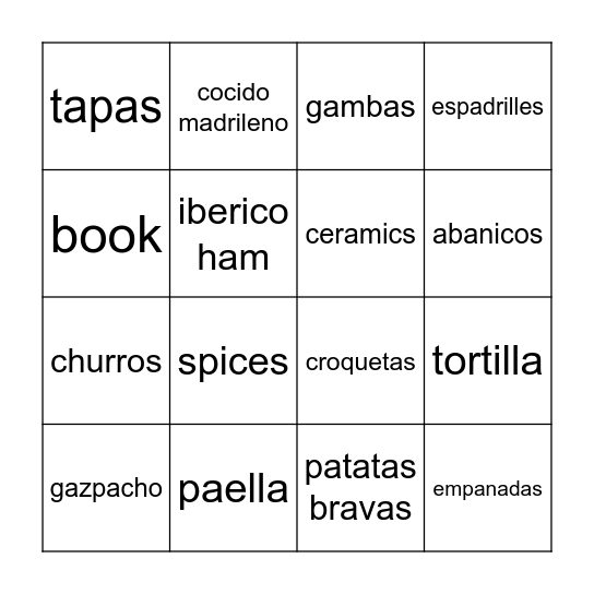 Spain Travel Bingo Card