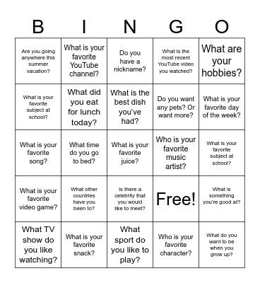Last Class Bingo Card