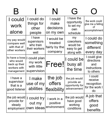 MY Ideal Job Bingo Card