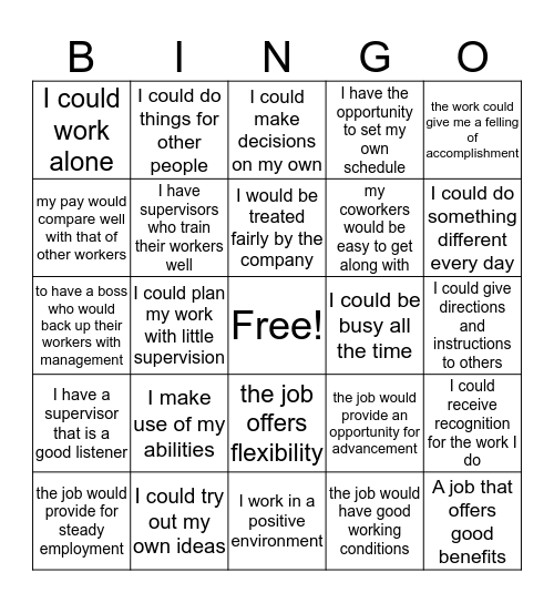 MY Ideal Job Bingo Card