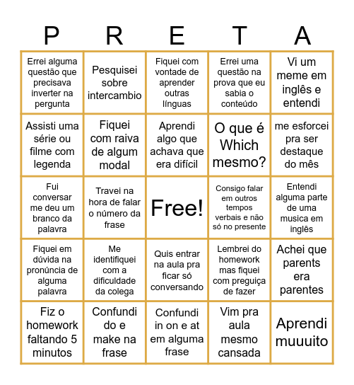 Students A2 Preta's Bingo Card