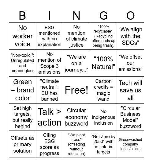 Greenwashing Bingo Card