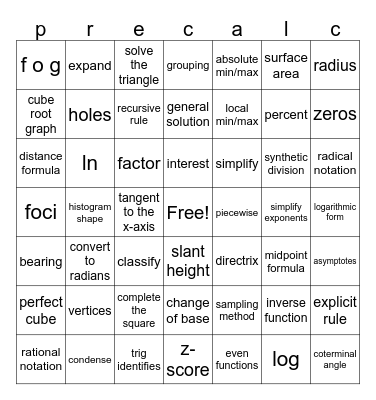 Math 3 Honors Bingo Card