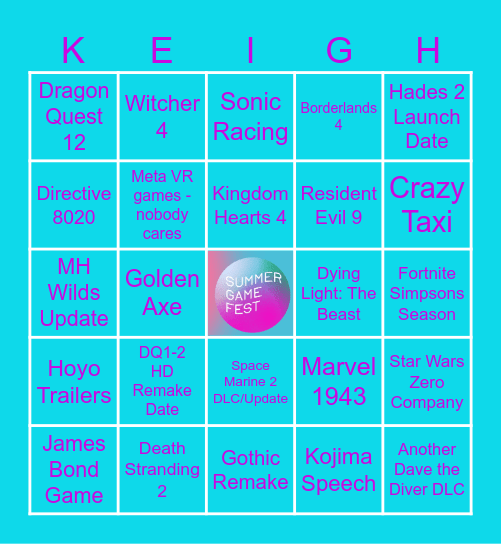 Summer Game Fest 2025 Bingo Card