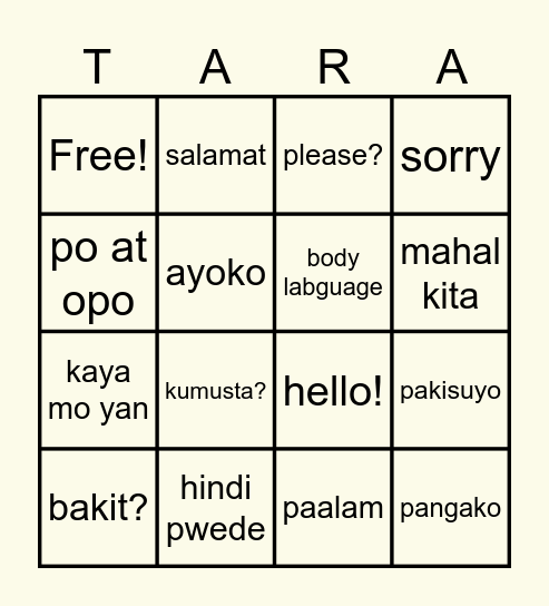 TARA, BASA 2025 Bingo Card
