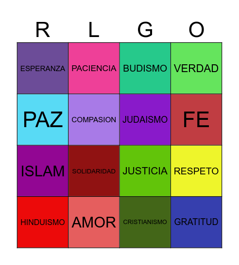 VALORES Y RELIGIONES Bingo Card