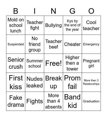 Highschool Bingo Card