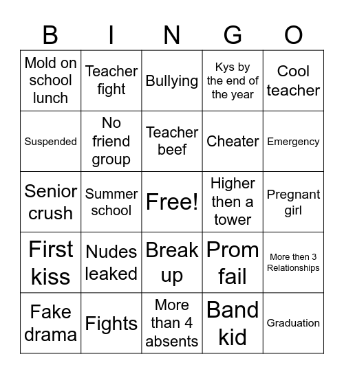 Highschool Bingo Card