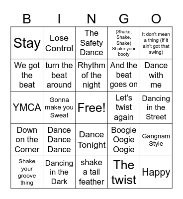 I Wanna Dance!!! Bingo Card
