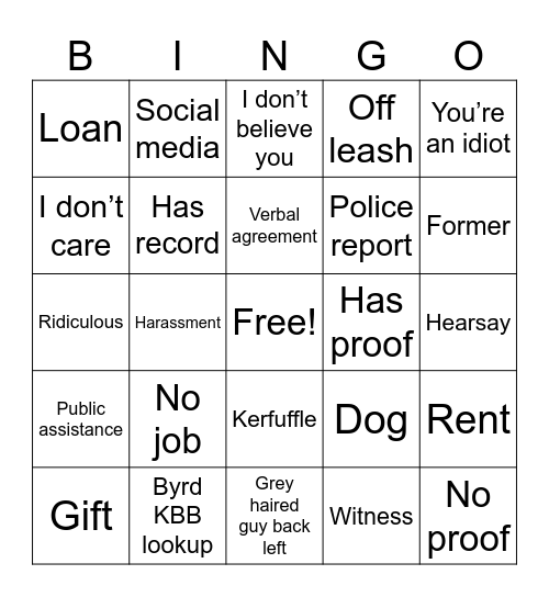 Judge Judy Bingo Card