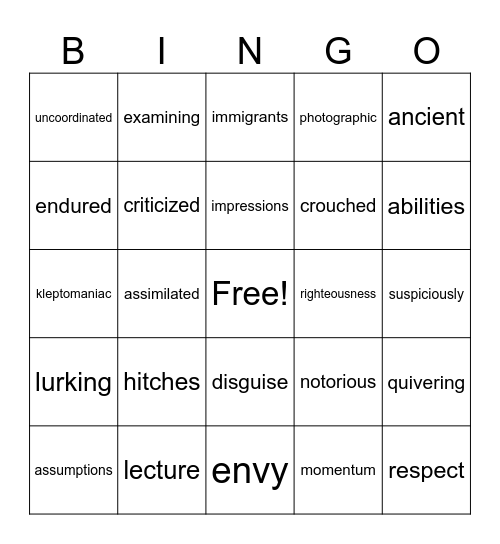 Save Me a Seat Vocab Bingo Card