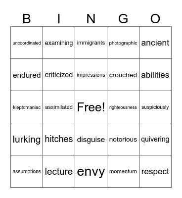 Save Me a Seat Vocab Bingo Card