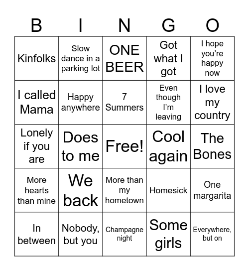 Top 2020 Country Hits Bingo Card