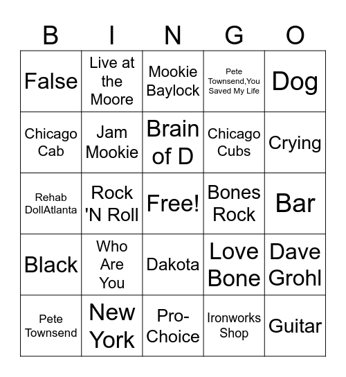 Pearl Jam MTV Unplugged Bingo Card