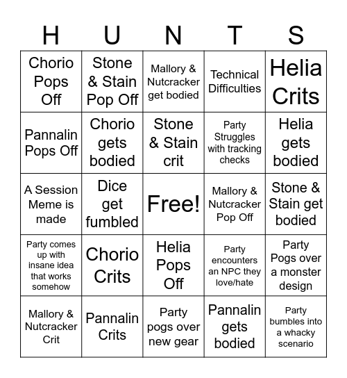 Heliana's Hunt Bingo Card