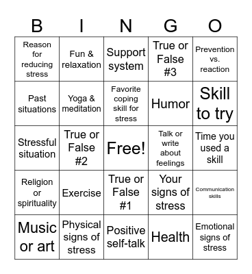 Stress Prevention & Coping Bingo Card