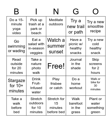 Summer Bingo Challenge Bingo Card