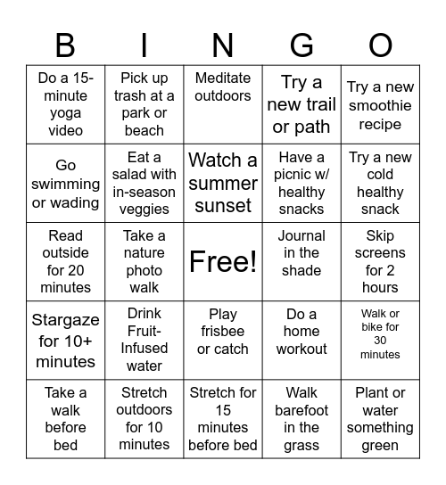 Summer Bingo Challenge Bingo Card